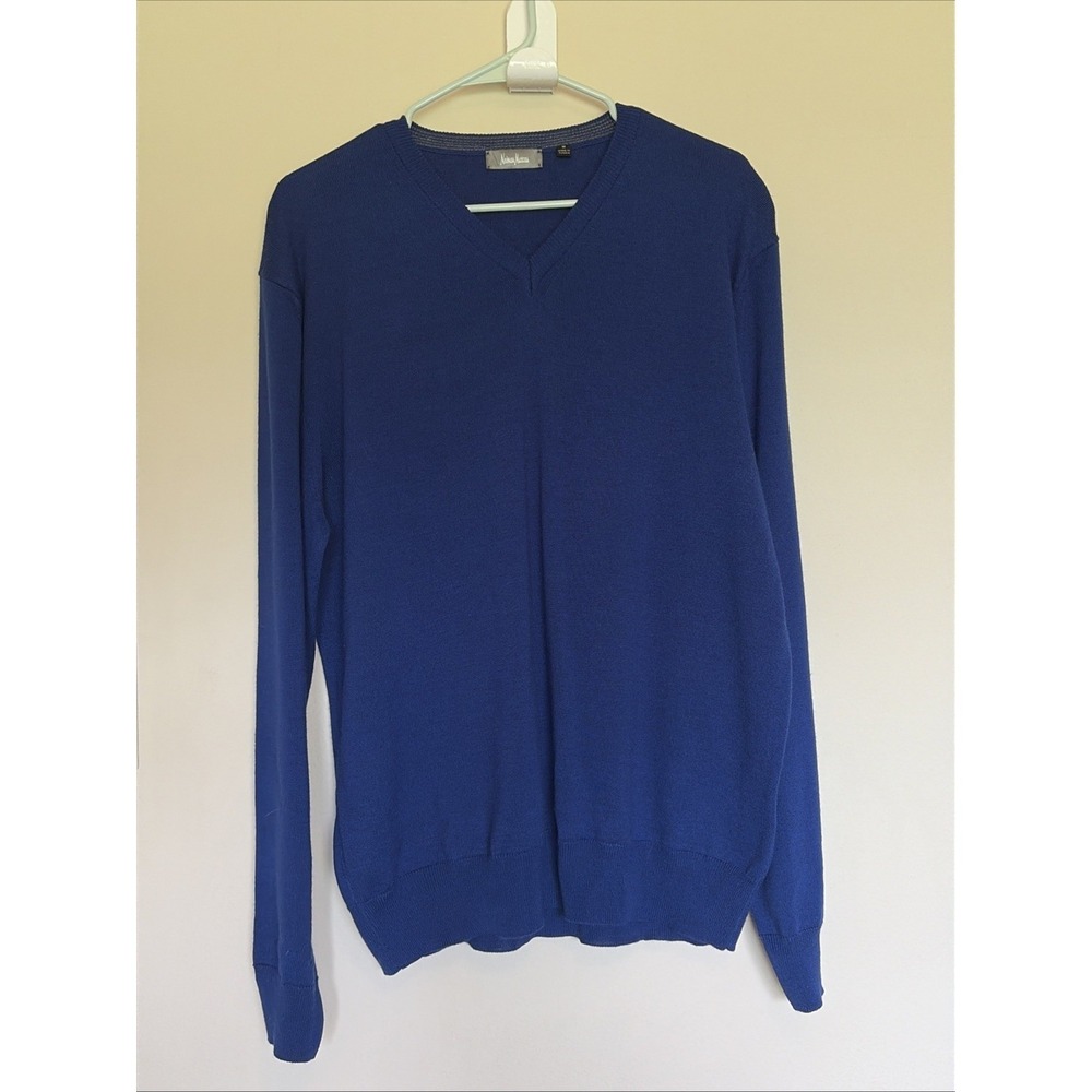 Neiman Marcus Blue Vneck Merino Wool Acrylic Lightweight Sweater Mens Medium